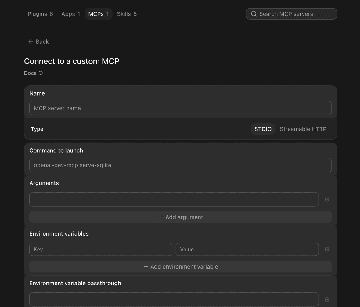 ChatGPT settings showing the Connect to a custom MCP form under Plugins → MCPs